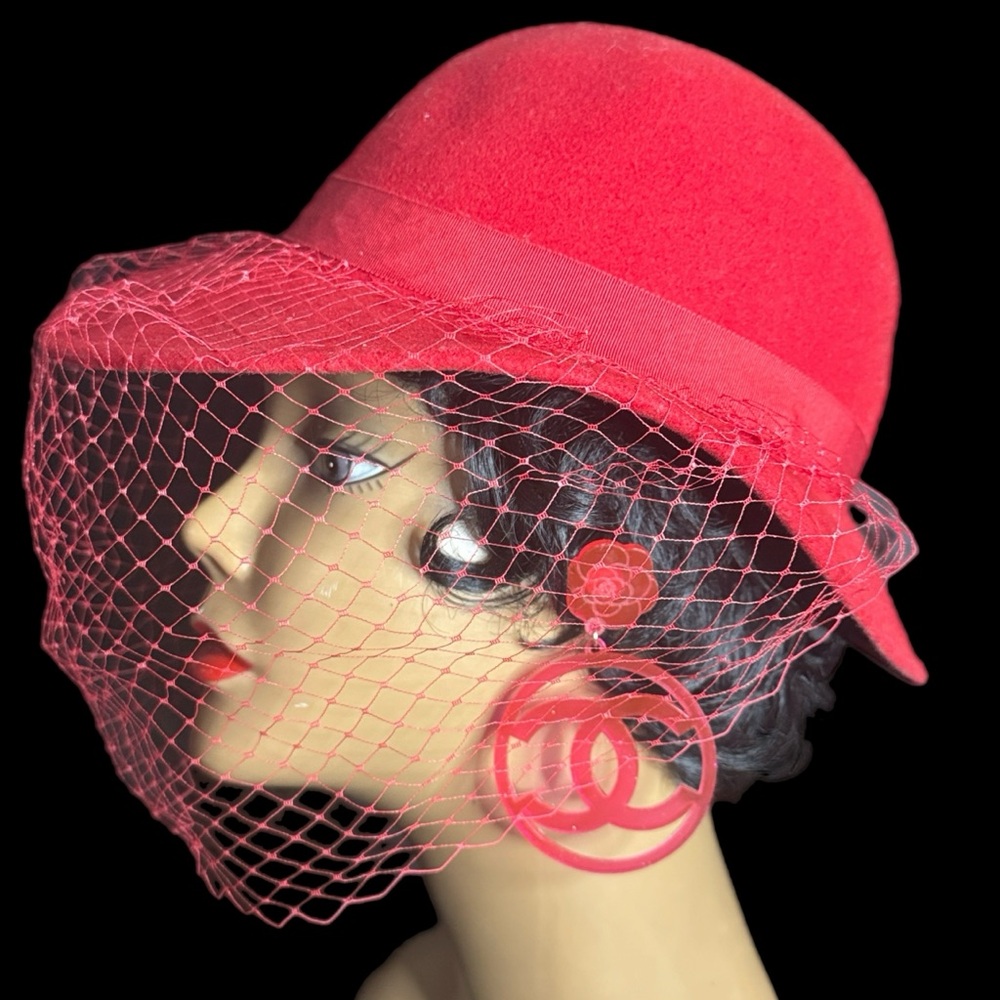 Vintage Red Wool Fedora Hat with Veil